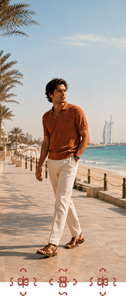 Man walking along a scenic coastal boardwalk at sunset