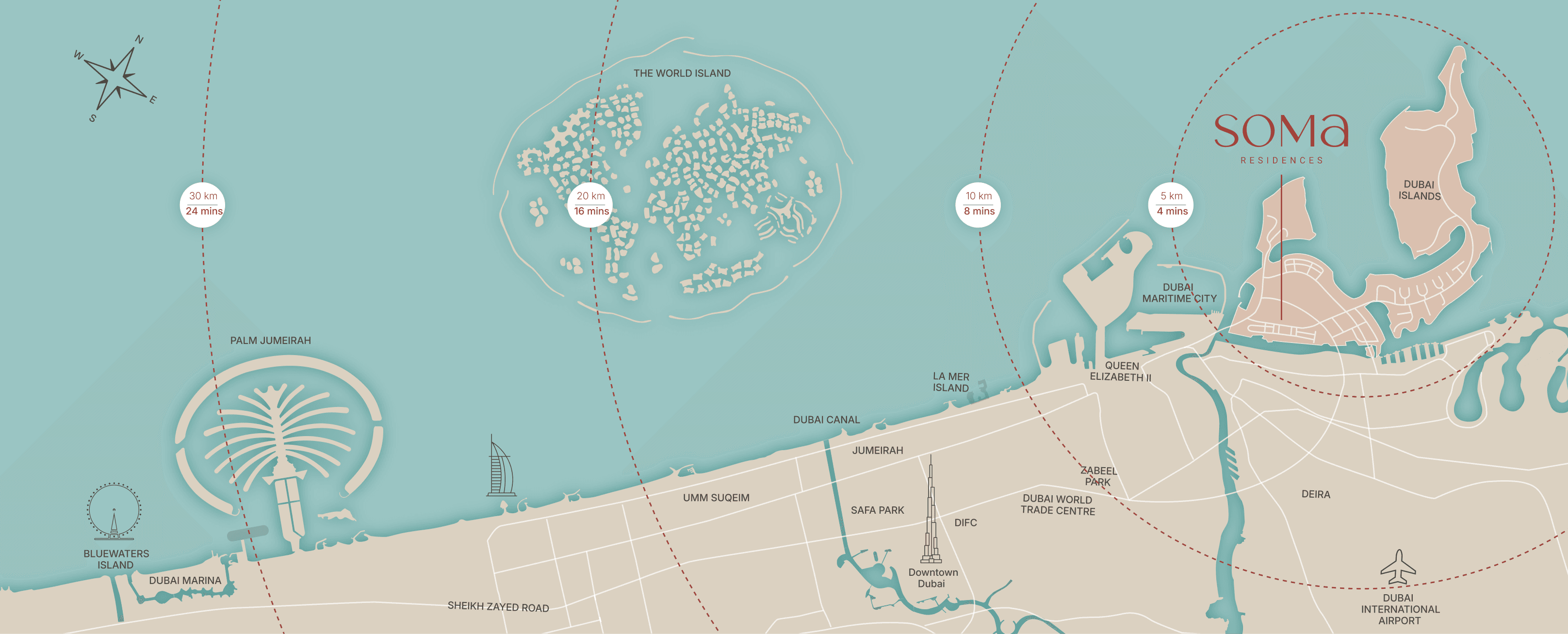 Map showing SOMA Residences location on Dubai Islands with distances to key landmarks