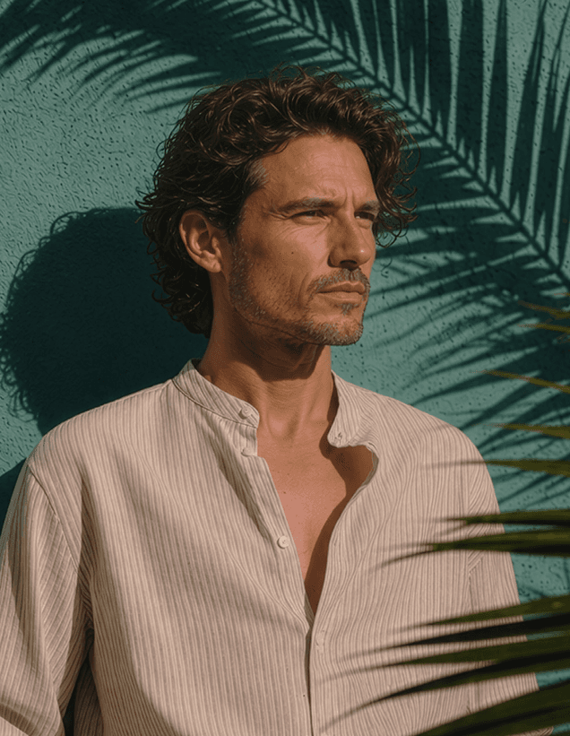 Man in linen shirt with palm leaf shadows against a teal wall